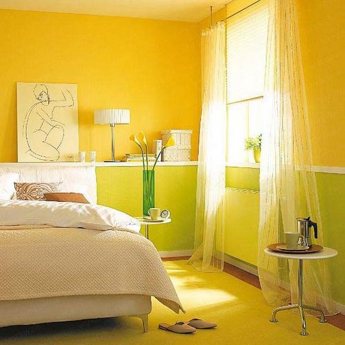 Желтый цвет в интерьере спальни фото