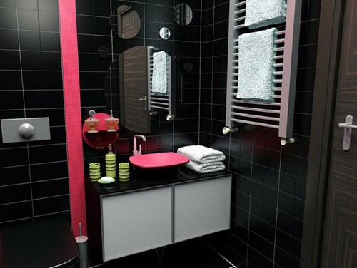 Дизайн черной ванной комнаты с розовым