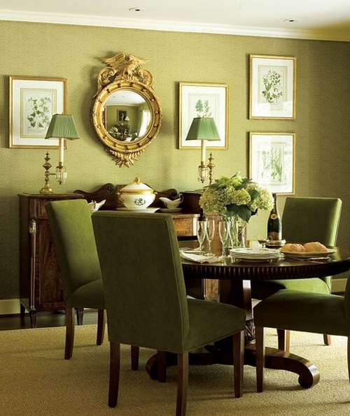 Оливковые стены и мебель в интерьере гостиной