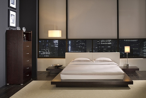 Спальня с большими окнами в стиле минимализм