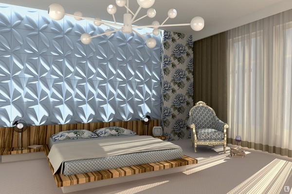 Декоративные 3D панели с подсветкой в интерьере спальни