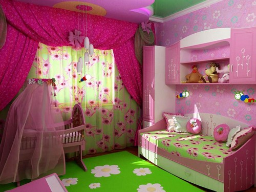 Сочетание малинового и зеленого цвета в интерьере детской комнаты