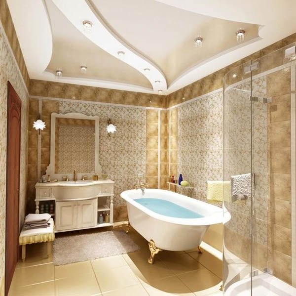 дизайн натяжного потолка в ванной