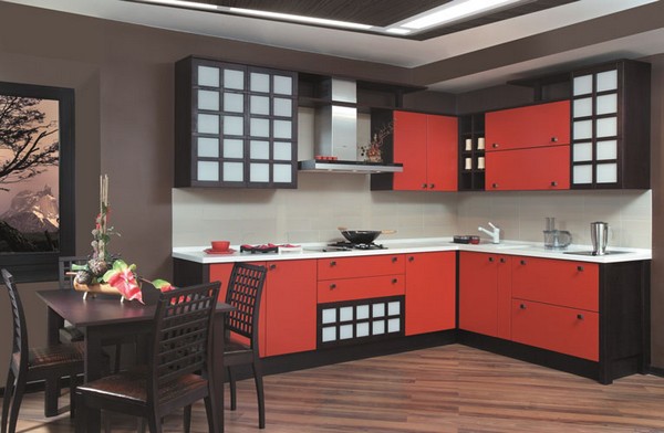 Красная кухня в японском стиле фото